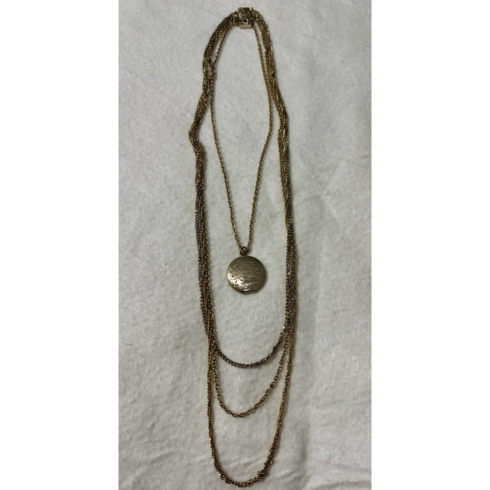 Vintage Gold Tone Multi Strand Chain Necklace Floral Round Photo Locket